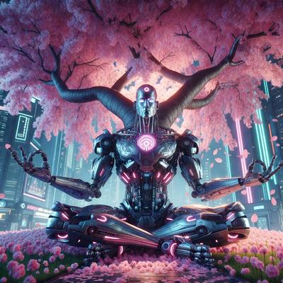 The primary subject of the image is a futuristic robot sitting in a grassy area surrounded by pink flowers. The robot appears to be meditating or in a relaxed state. The setting is a grassy field with a tree in the background, and the visual style is a digital art or illustration. The colors in the image are predominantly pink, which gives the scene a calm and serene atmosphere.